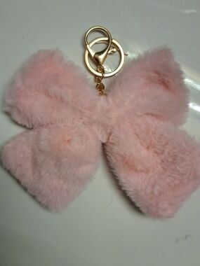 Plush Pink Bow Keychain with Gold Hardware